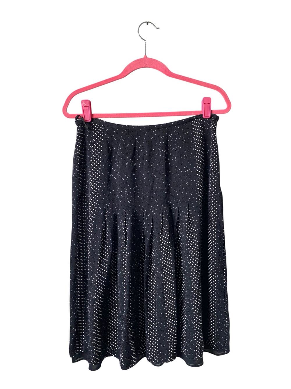 Talbots 100% Pure Silk Black w/ White Polka Dots Pleated Flowy Midi Skirt- Sz 12